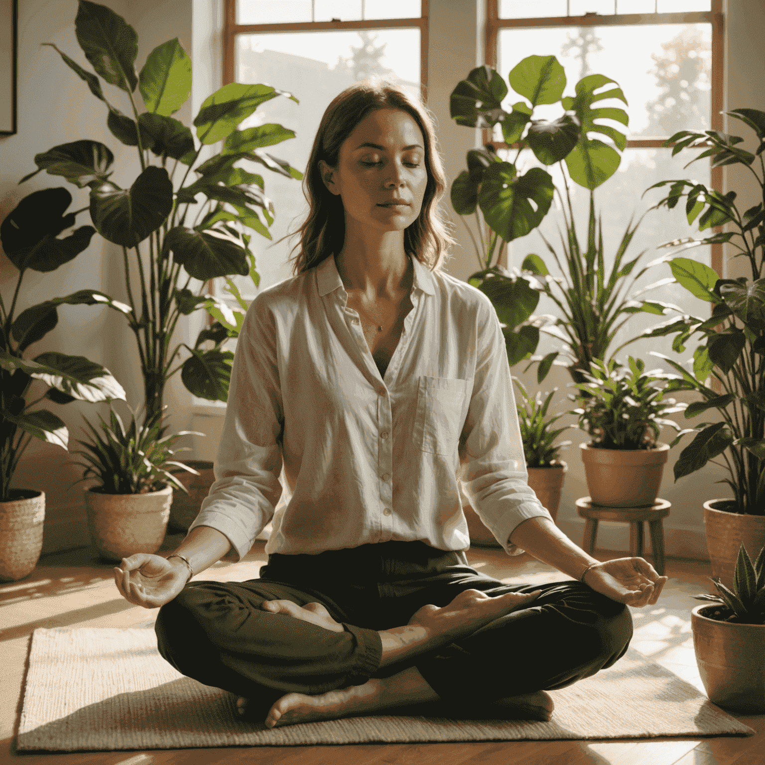 A person practicing morning meditation in a sunlit room with plants, embodying tranquility and mindfulness